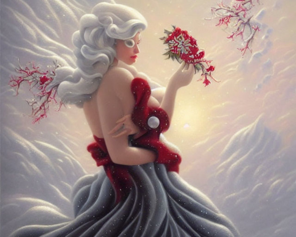 Illustrated woman in red gown with red flowers in misty snowflake backdrop