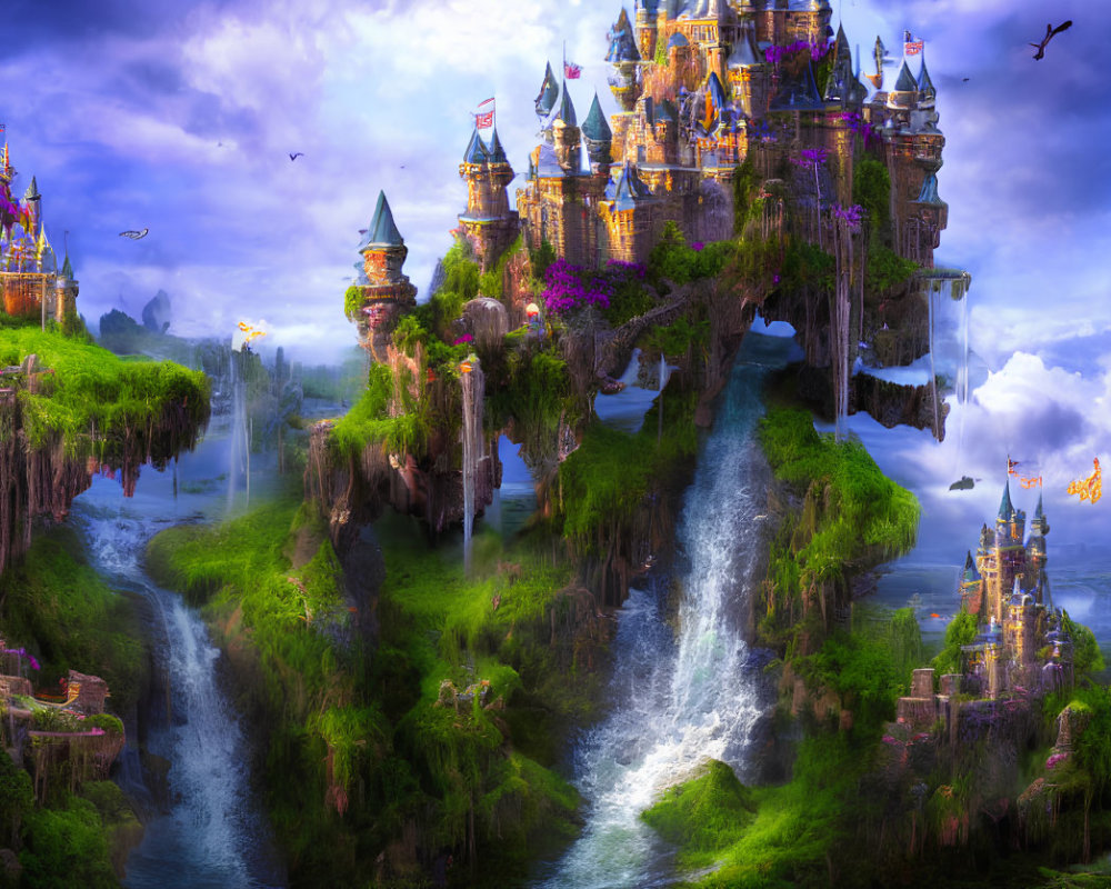 Floating Island with Castles, Waterfalls, Flying Ships, and Birds