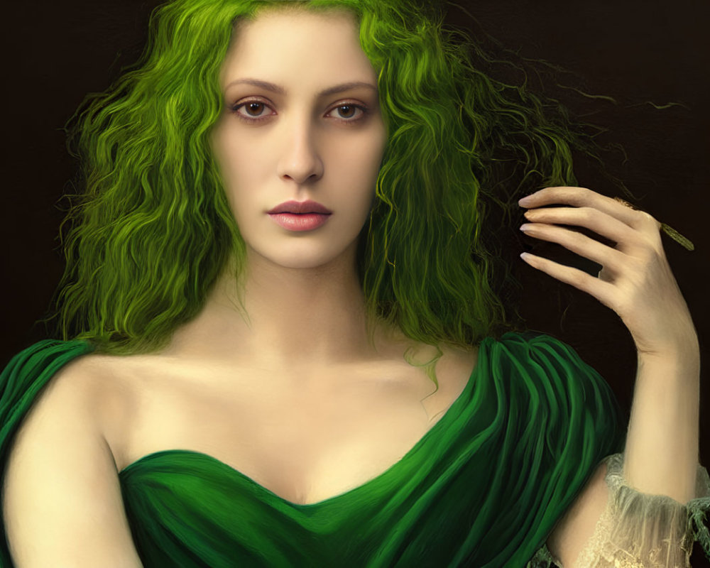 Vibrant green-haired woman in off-the-shoulder dress against dark background