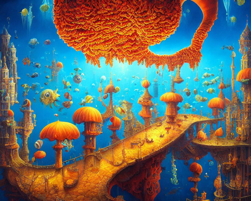 Fantasy landscape with mushroom structures, whimsical architecture, and glowing orange tree