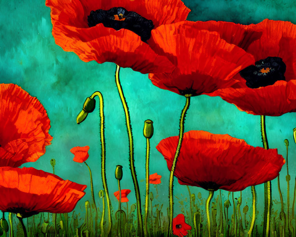 Red Poppies with Black Centers on Turquoise Background