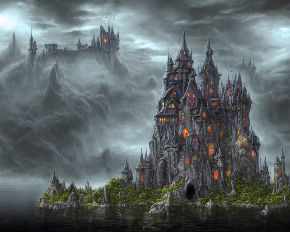 Gothic castle on islet under stormy sky with illuminated windows