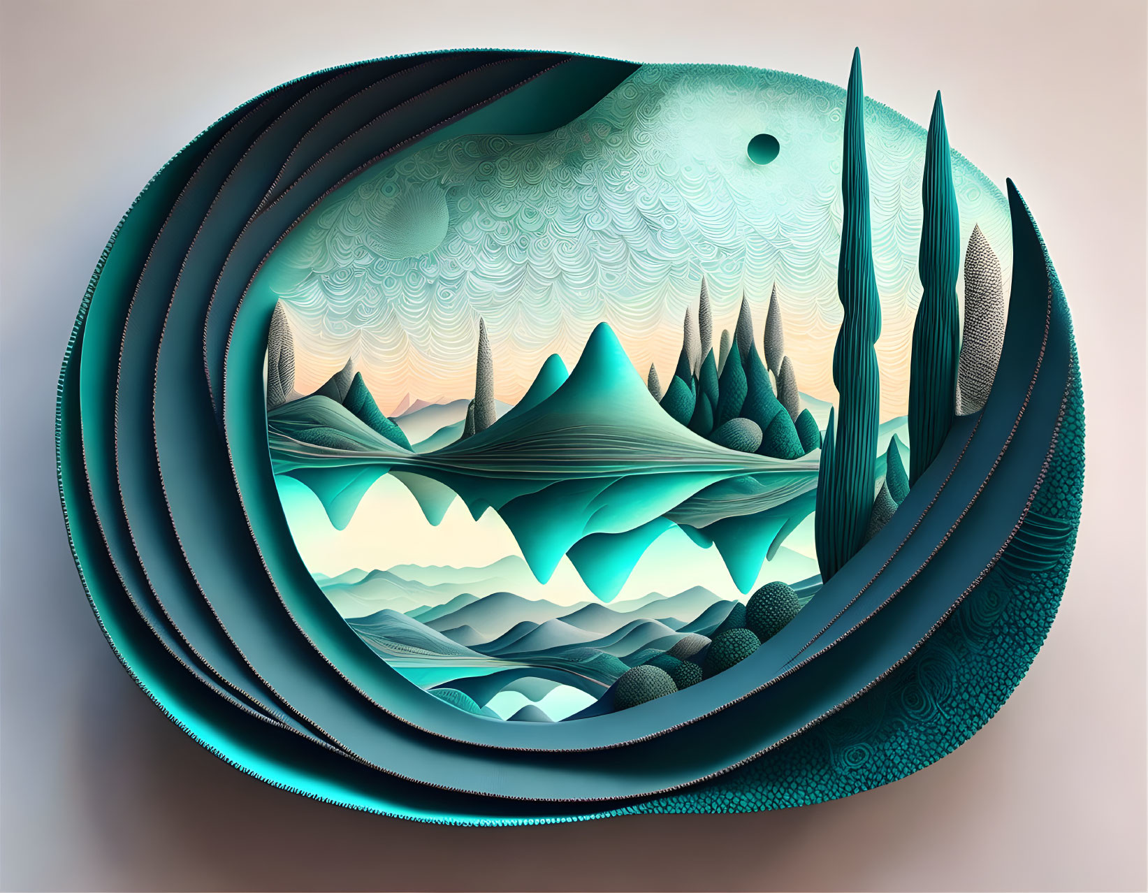 Layered Paper Art: Stylized Landscape with Mountains, Trees, Waves, Moon