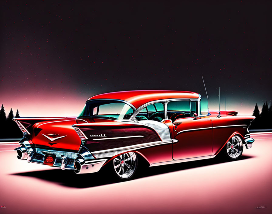 Vintage Red and White Car with Tailfins Under Night Sky