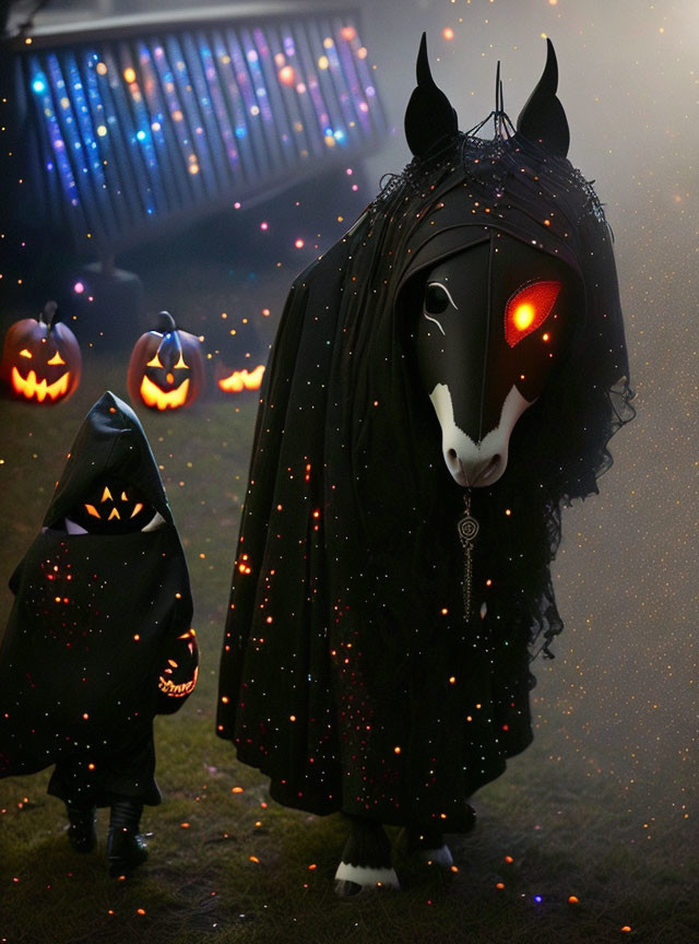 Two figures in dark cloaks with glowing patterns and horse skull masks among Halloween pumpkins.