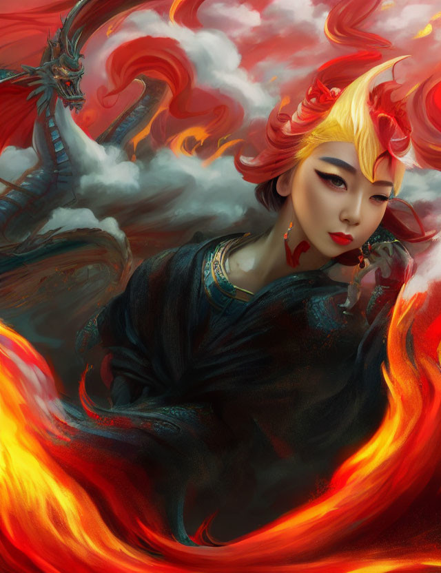 Fiery red-haired woman with dragon and red clouds in gold accents