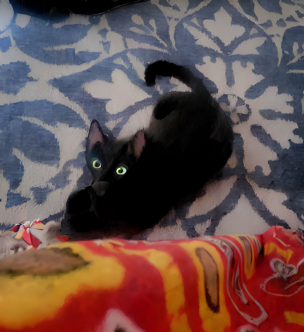 Black Cat with Green Eyes Resting on Blue and White Rug with Red and Yellow Blanket