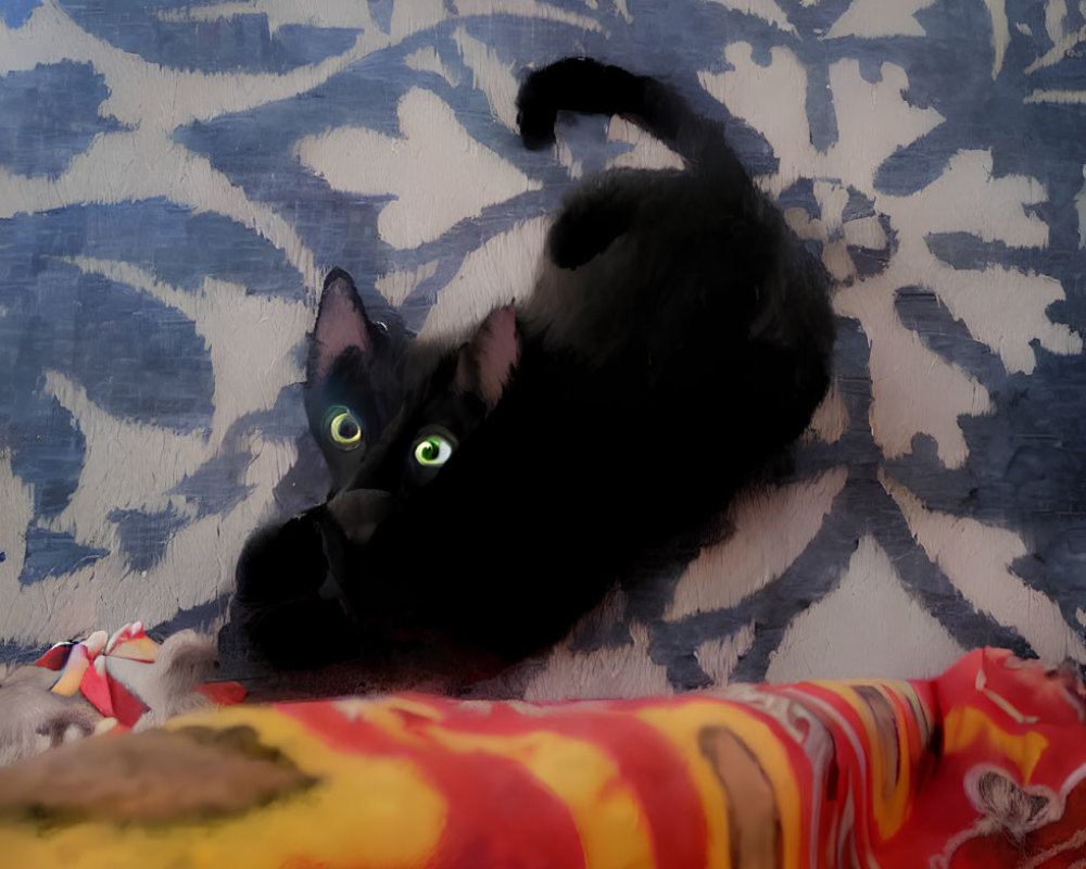 Black Cat with Green Eyes Resting on Blue and White Rug with Red and Yellow Blanket