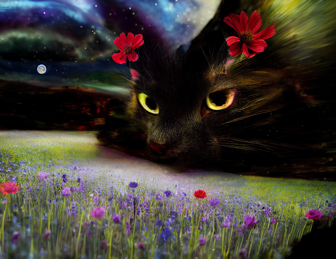 Digital Art: Black Cat's Gaze in Cosmic Flower Field