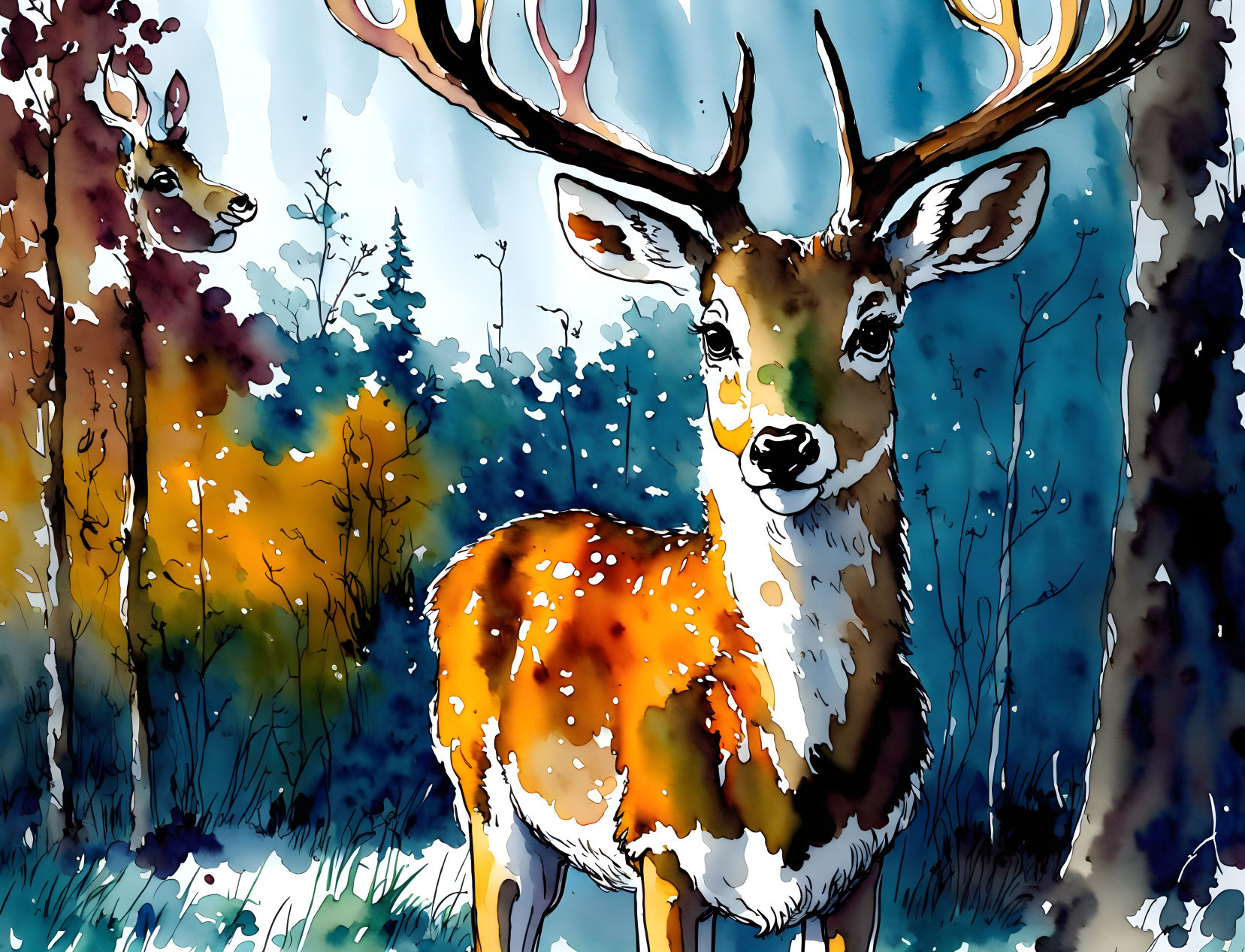 Majestic stag with large antlers in vibrant watercolor.