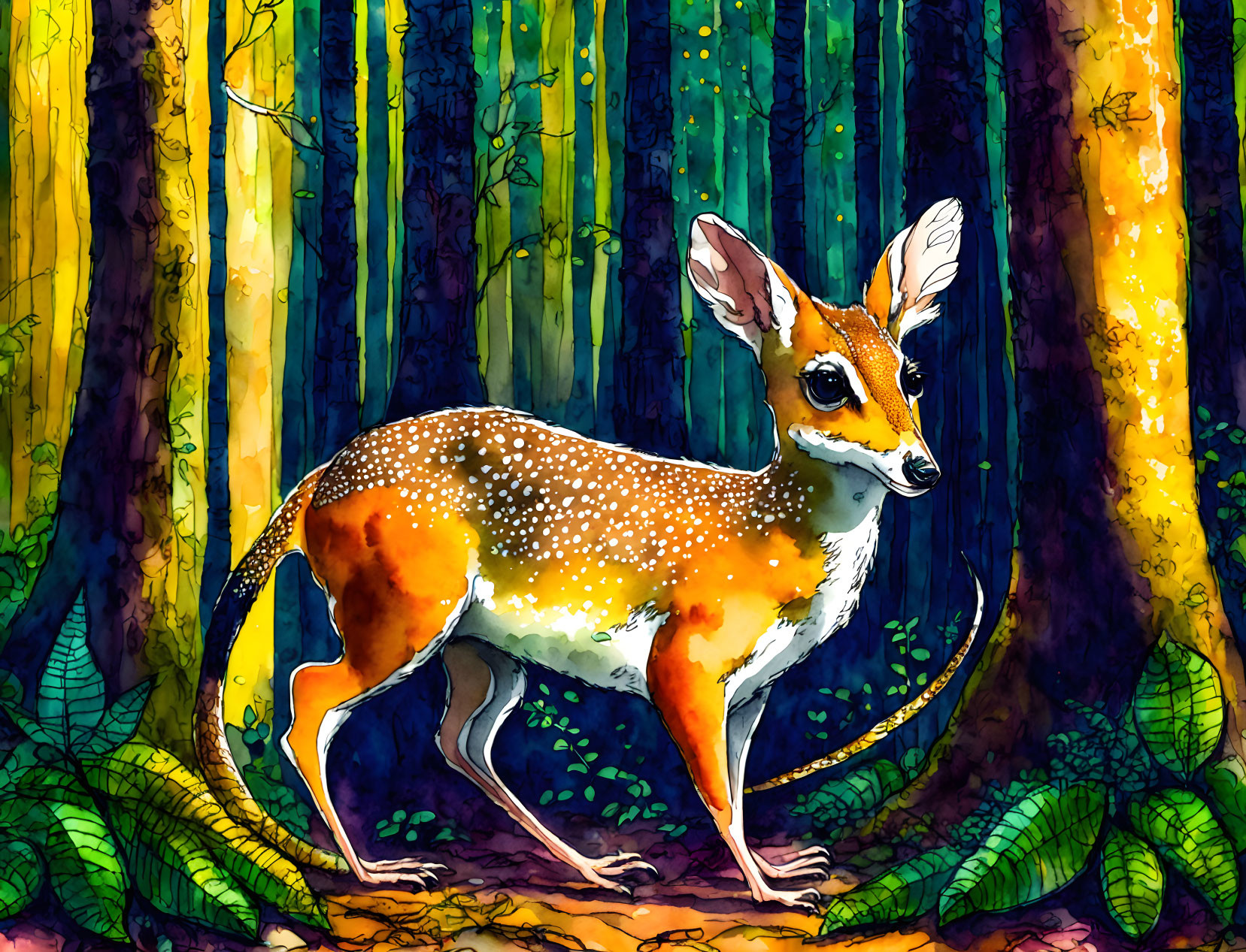 Whimsical fawn in vibrant forest with oversized ears