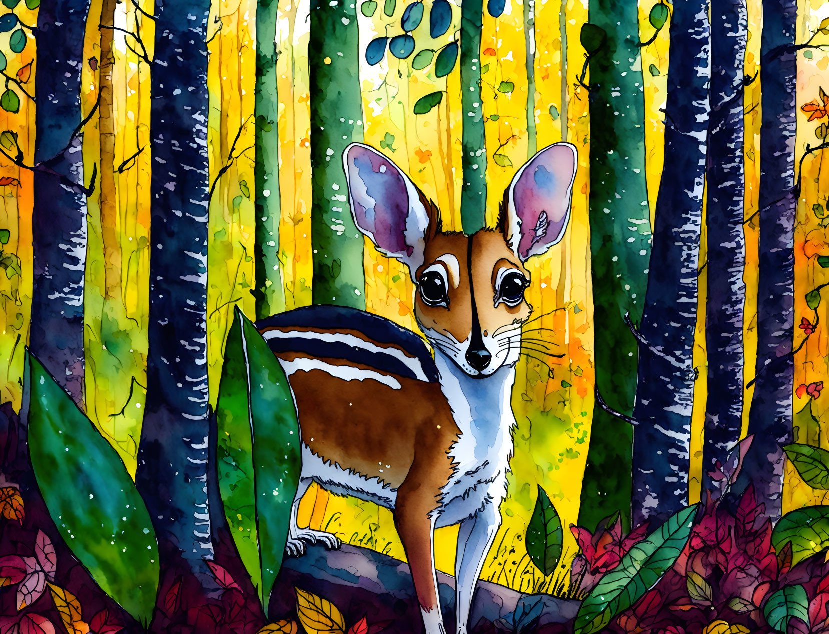 Vibrant Watercolor Illustration of Whimsical Forest