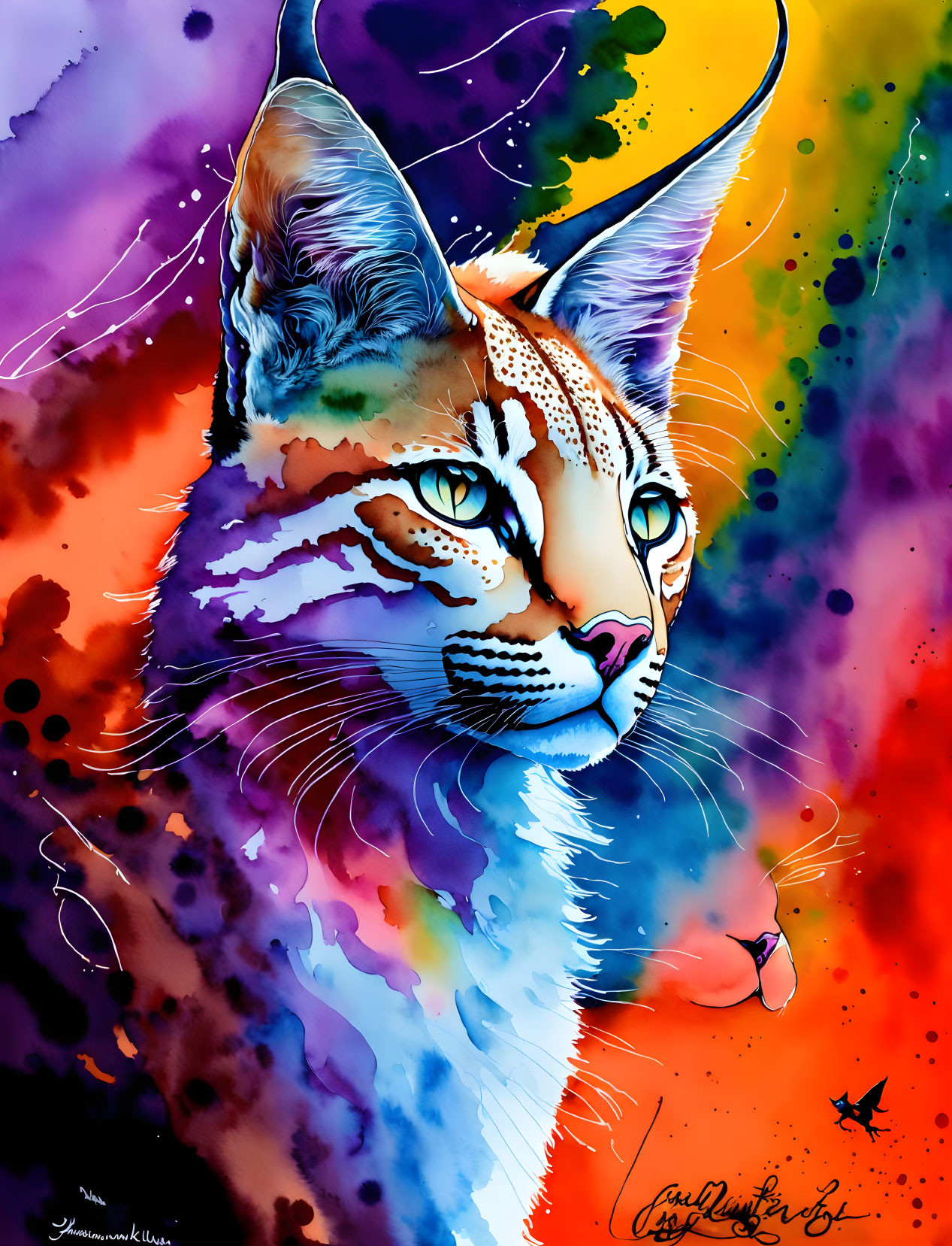 Colorful Watercolor-Style Cat Illustration with Bright Spectrum Fur