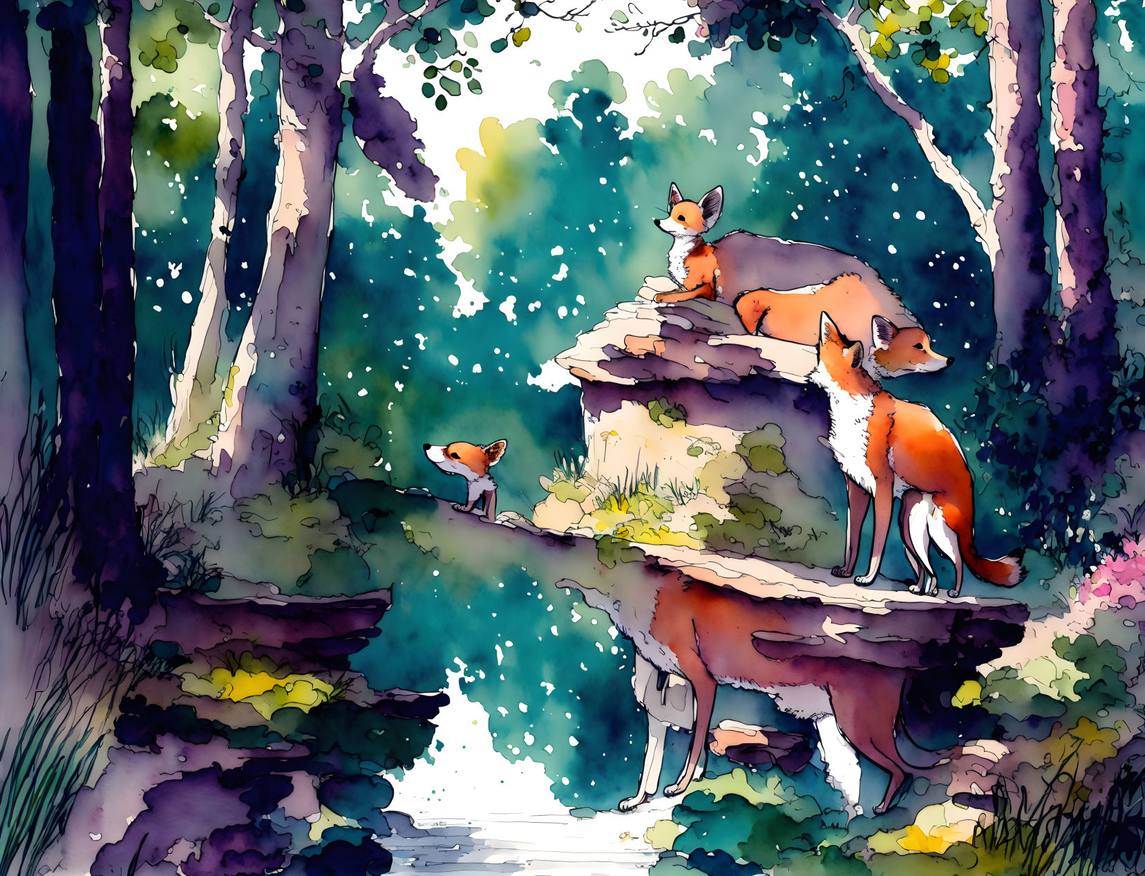 Forest Path Scene: Three Foxes Amid Lush Greenery