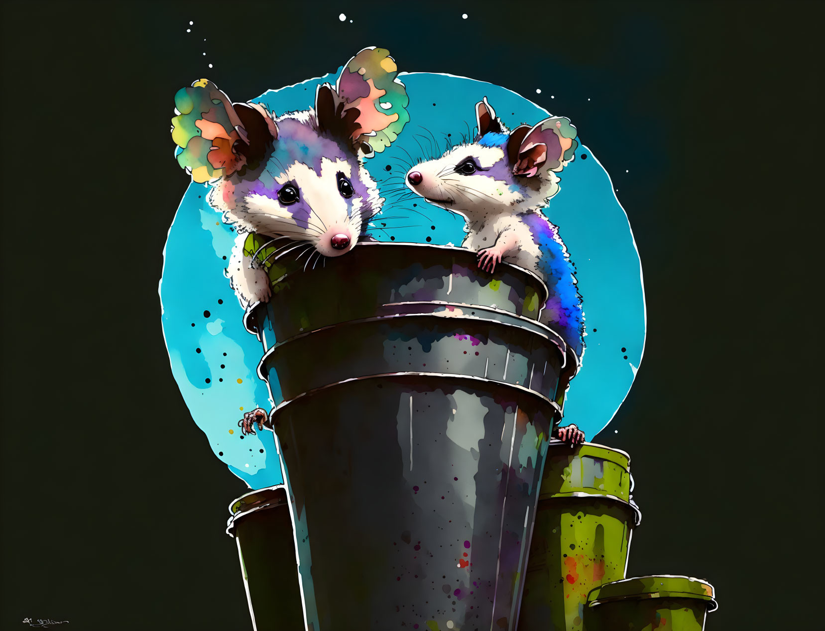 Stylized cartoon possums in trashcan on vibrant watercolor background