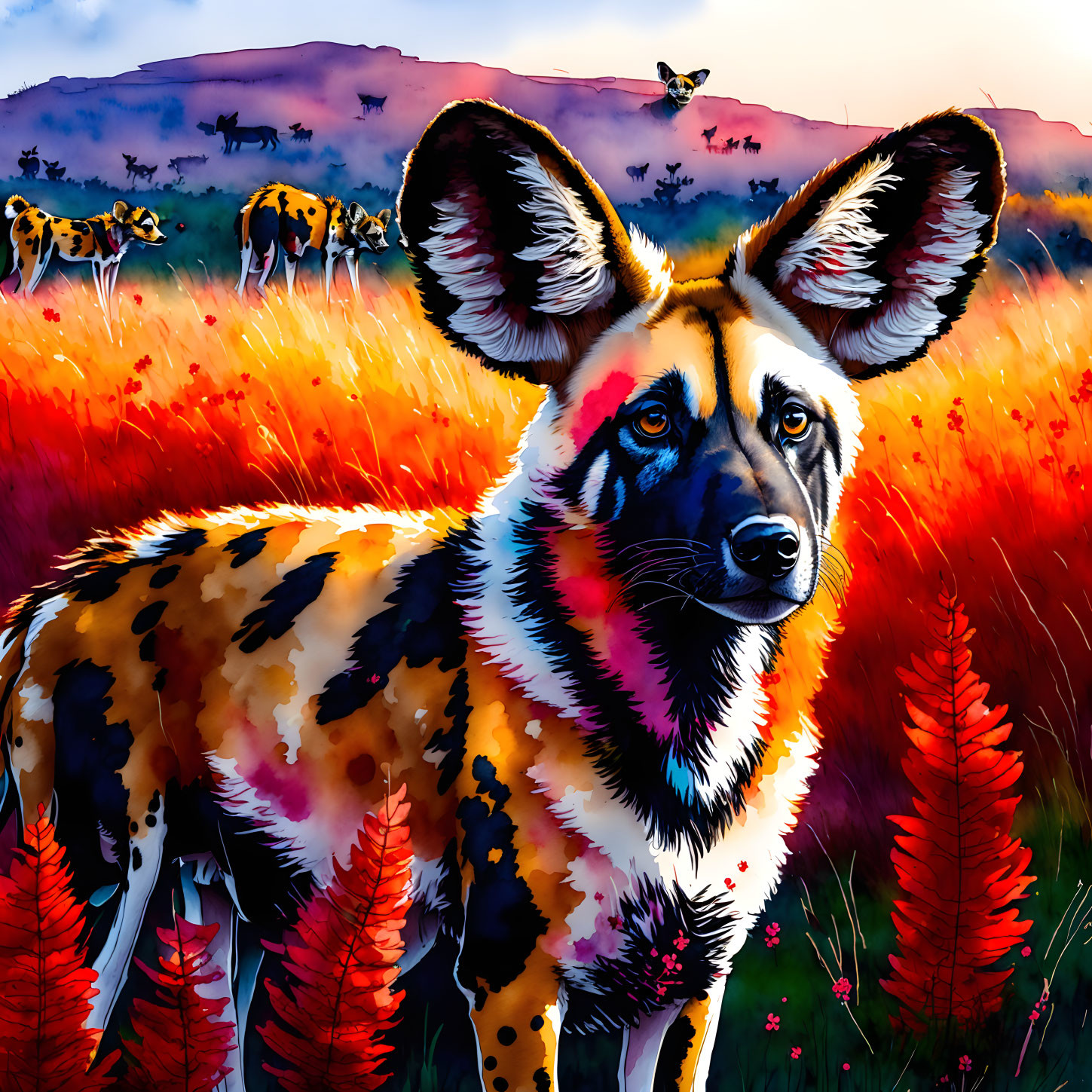 Colorful African Wild Dog Painting in Vibrant Savannah Scene