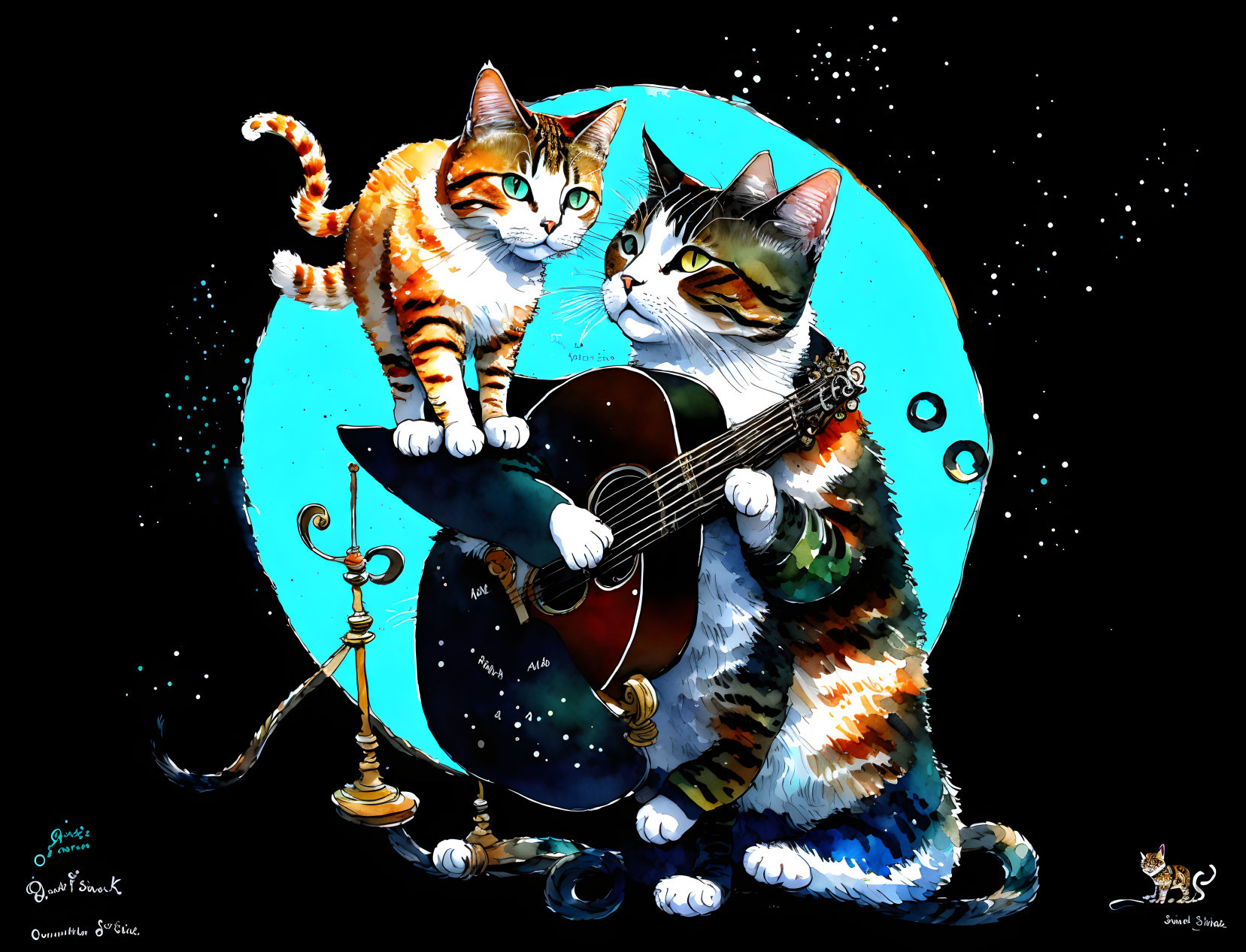 Vibrant artwork featuring two cats in cosmic setting