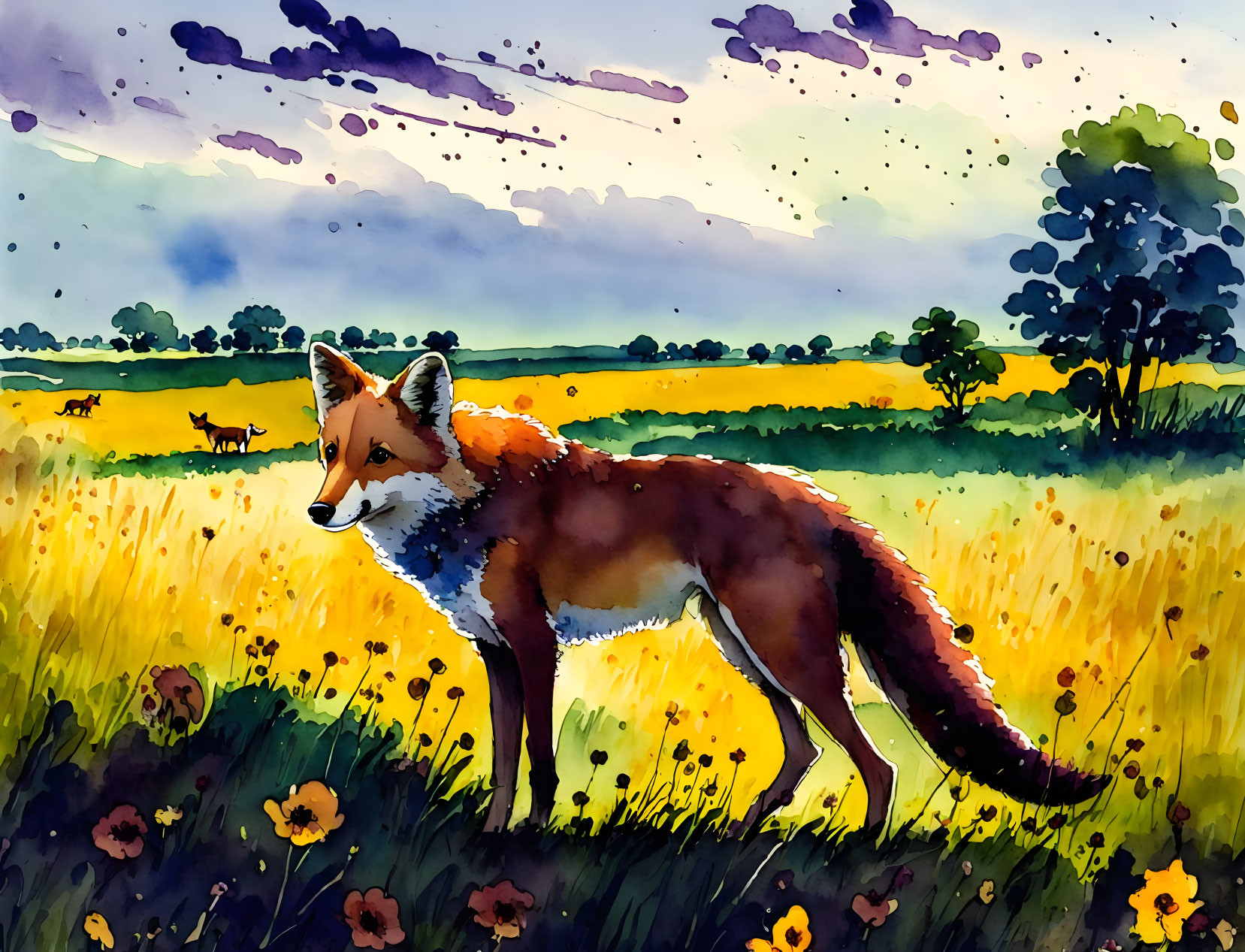 Colorful Watercolor Illustration of Fox in Blossoming Field with Deer and Dramatic Sunset Sky