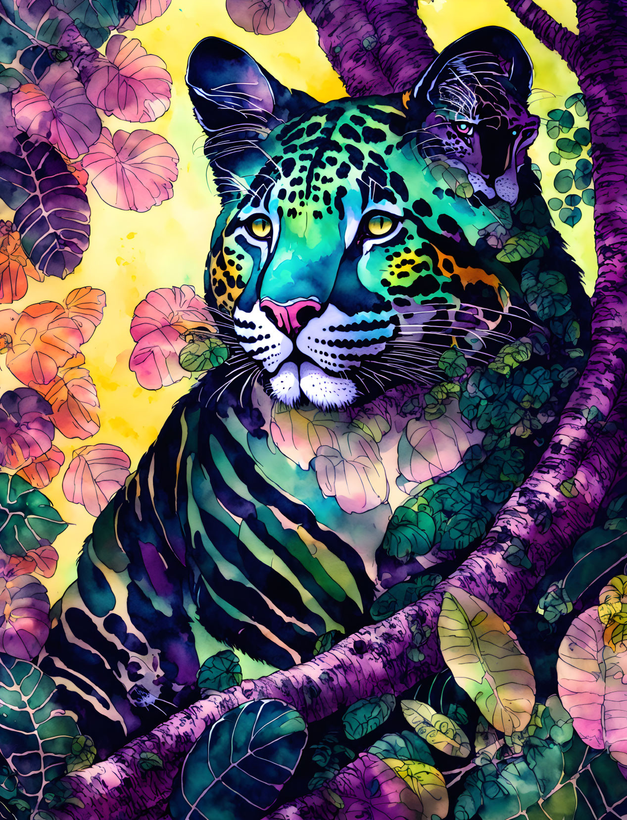 Colorful Jaguar Illustration Among Lush Foliage