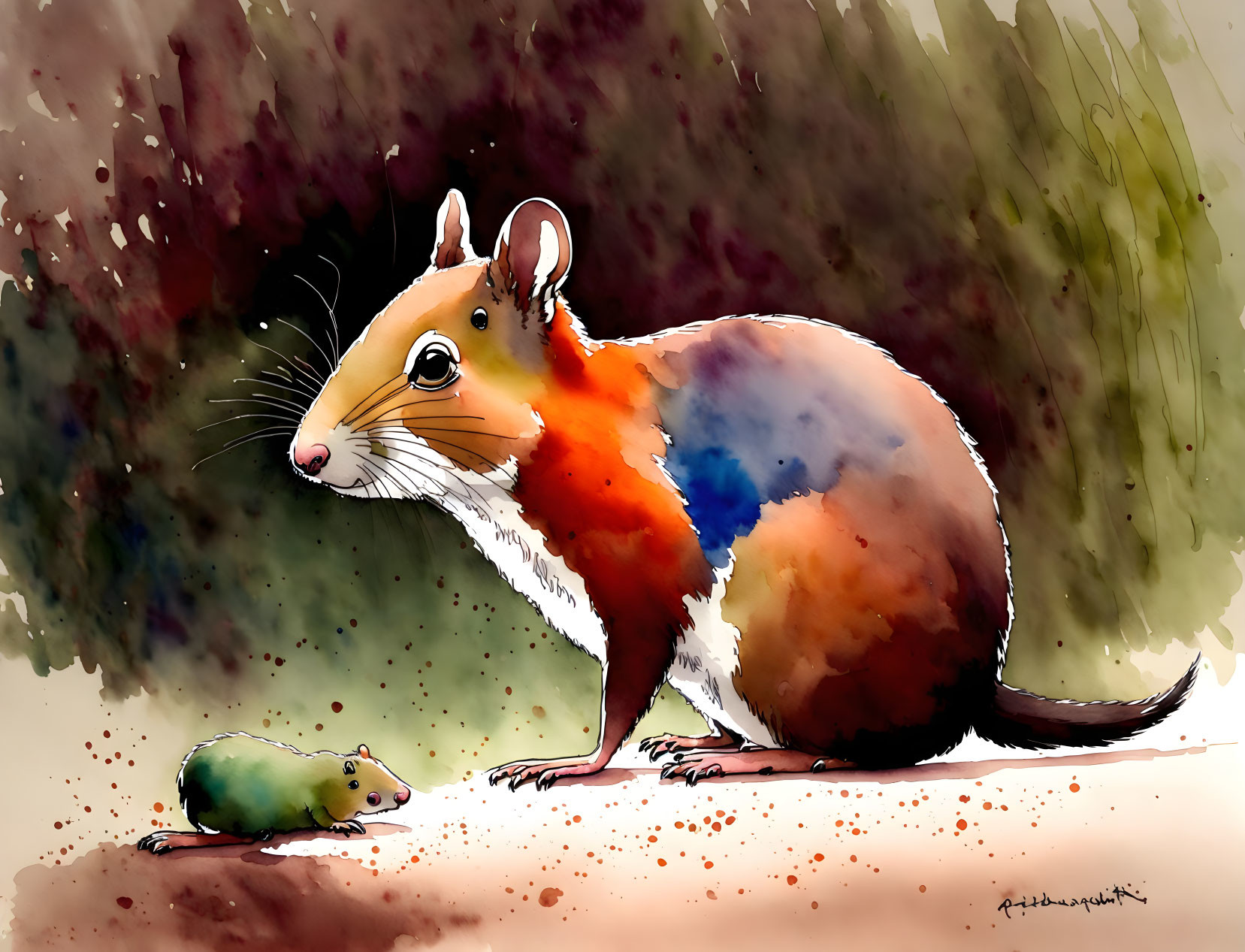 Vibrant illustration of large rodent with orange neck observing smaller one on speckled ground against