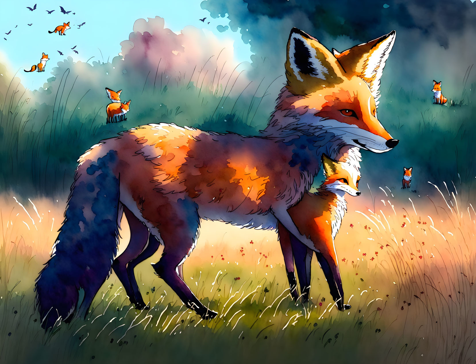 Colorful Illustration: Red Fox in Field with Whimsical Birds