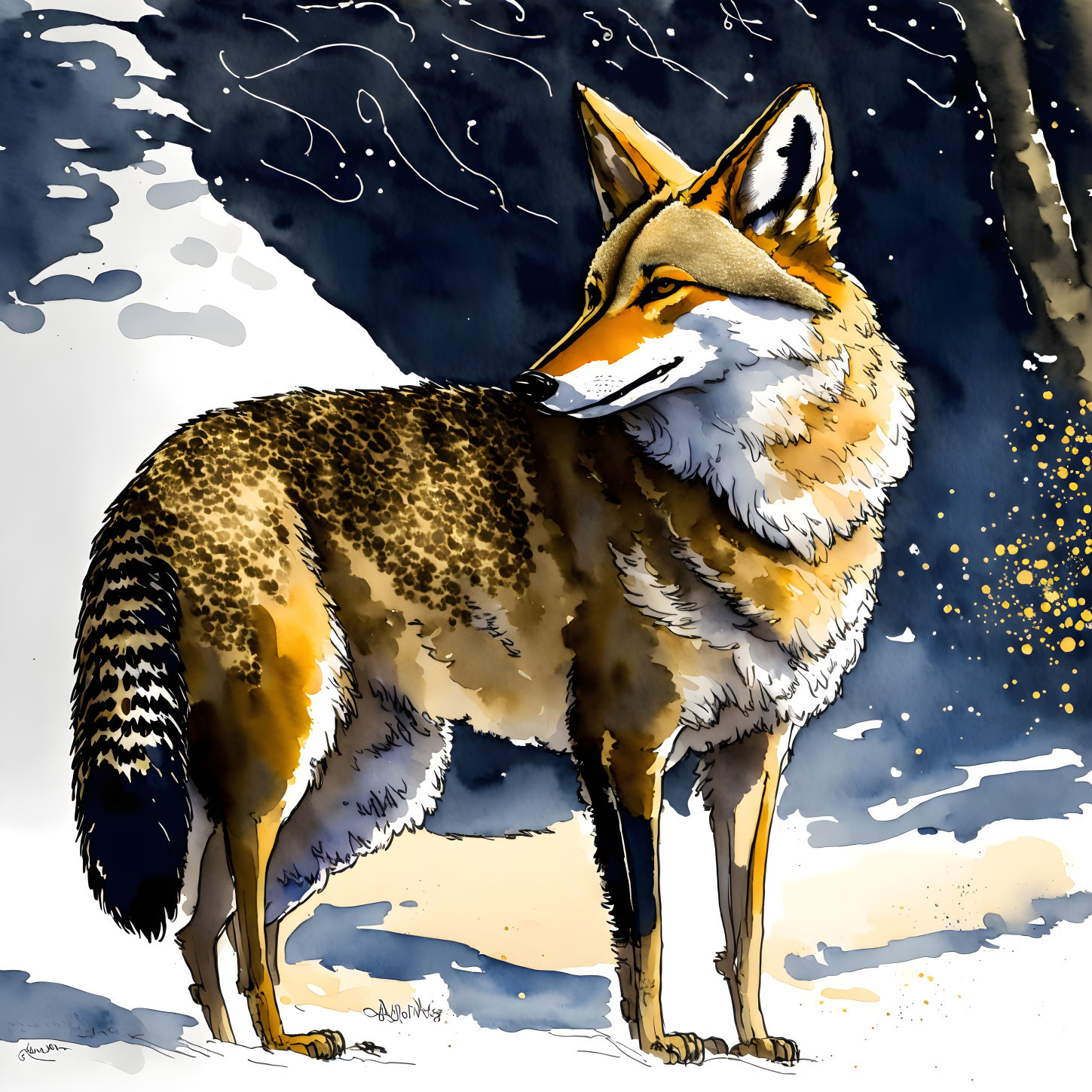 Detailed Standing Fox Illustration Against Nocturnal Background