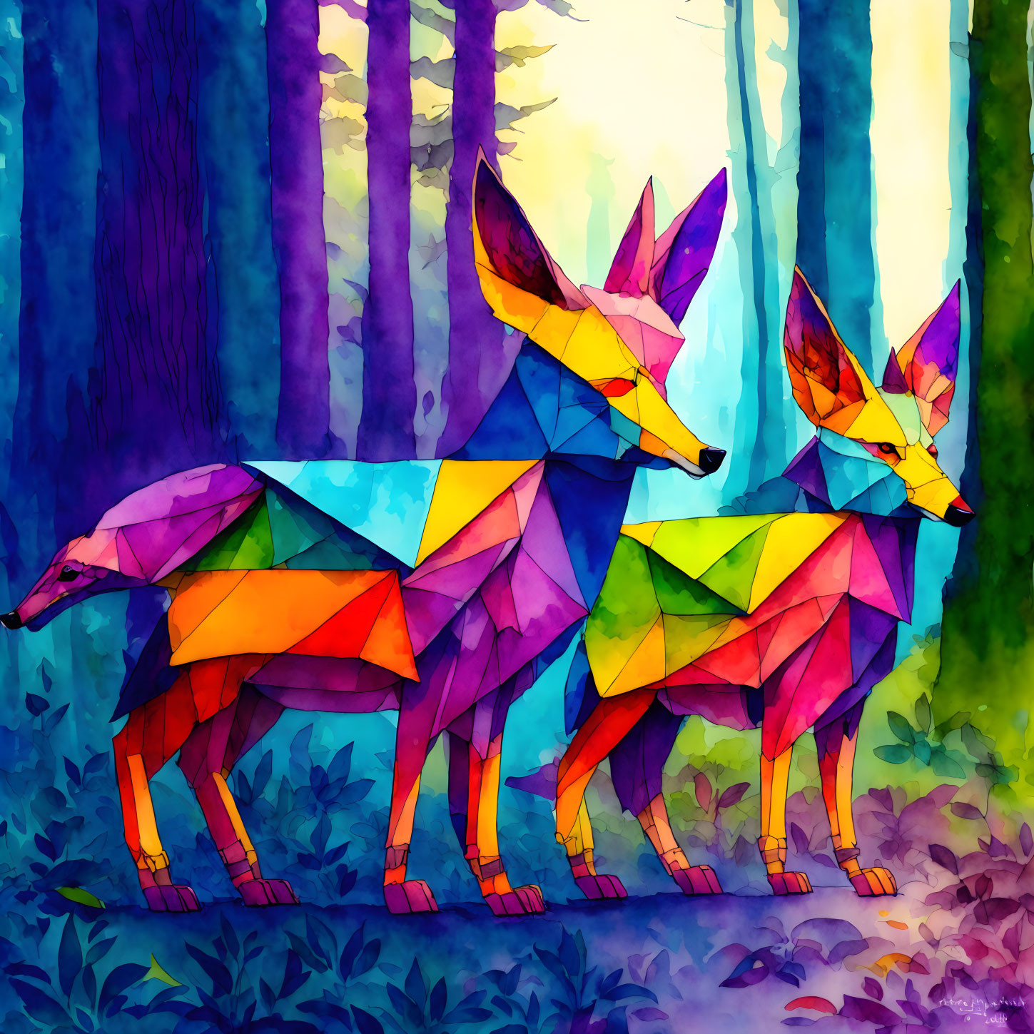 Vibrant Geometric Foxes in Purple and Blue Forest