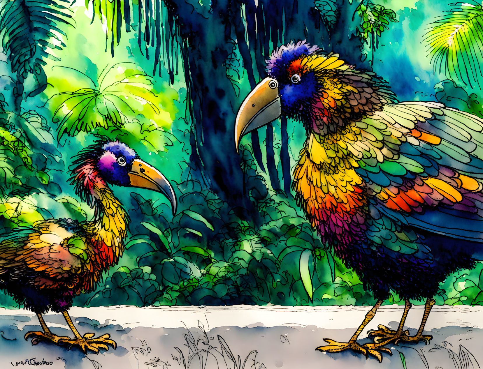 Colorful illustration: Two whimsical birds with large beaks in lush tropical forest