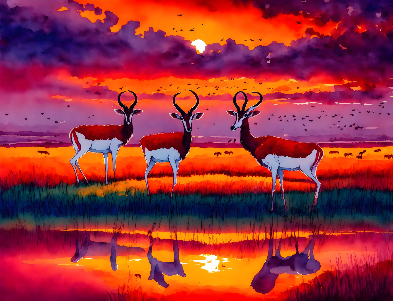 Three antelopes at water's edge under vibrant sunset sky