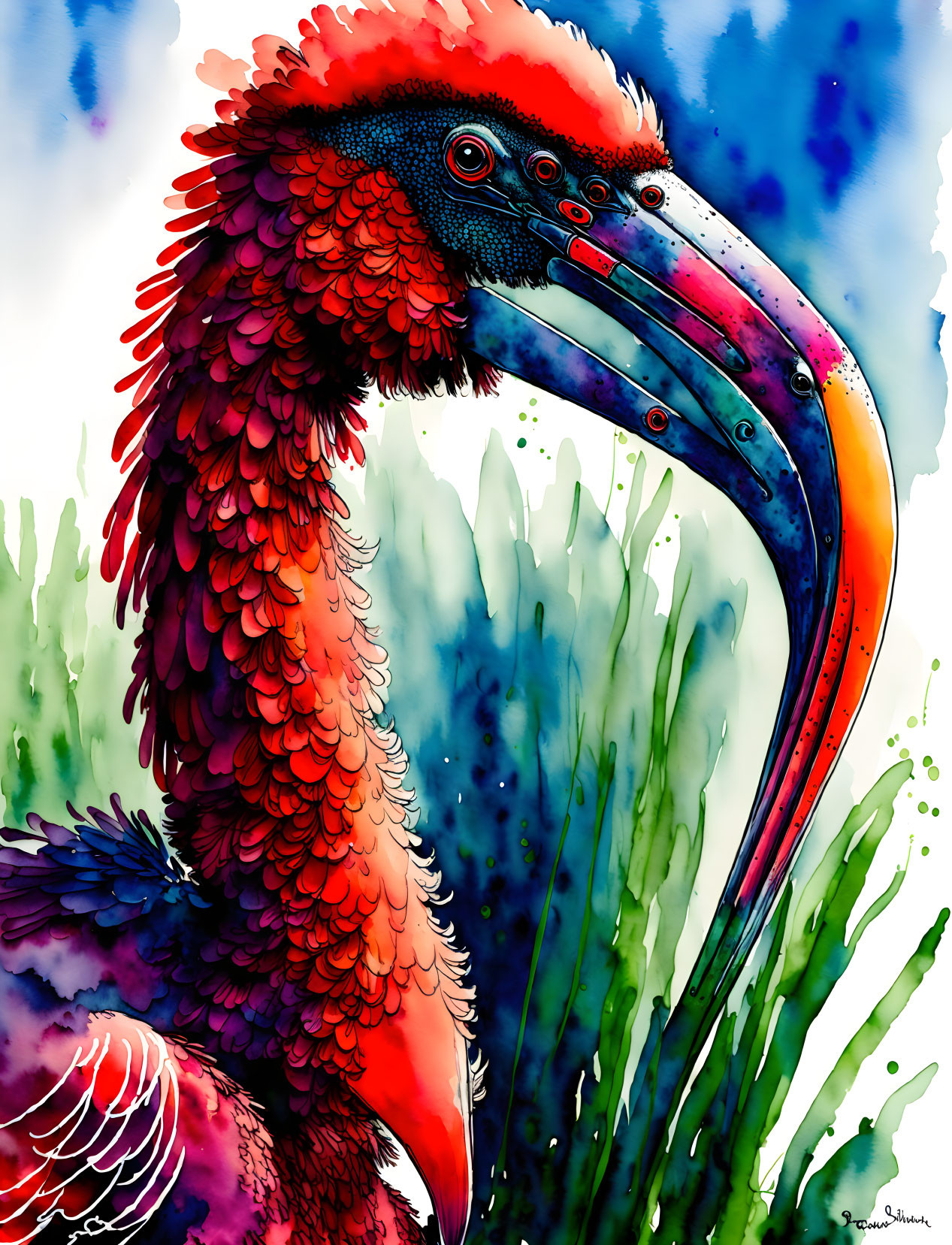 Colorful Watercolor Bird Illustration with Long Beak and Red Plumage