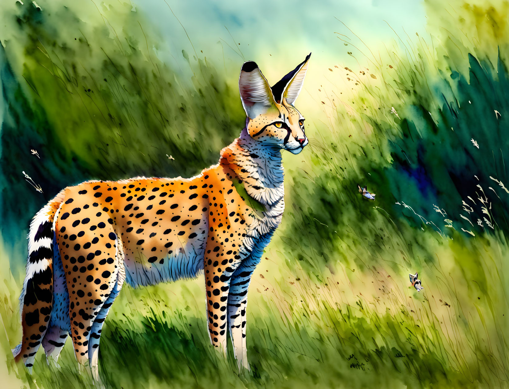 Colorful serval in grassy field with sunlight filtering through foliage