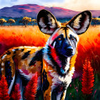 Colorful African Wild Dog Painting in Vibrant Savannah Scene