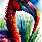 Colorful Watercolor Bird Illustration with Long Beak and Red Plumage