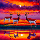 Three antelopes at water's edge under vibrant sunset sky