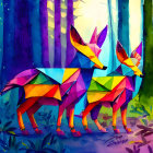 Vibrant Geometric Foxes in Purple and Blue Forest