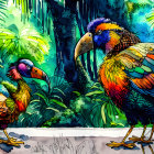 Colorful illustration: Two whimsical birds with large beaks in lush tropical forest