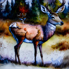 Deer Painting with Forest Landscape and Stag Silhouette