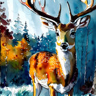 Majestic stag with large antlers in vibrant watercolor.