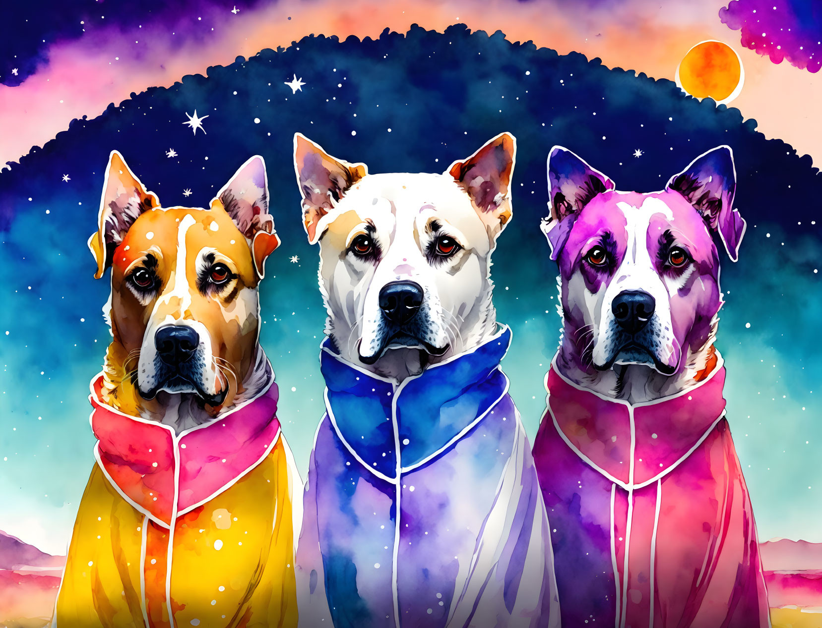 Three dogs in scarves under starry night sky