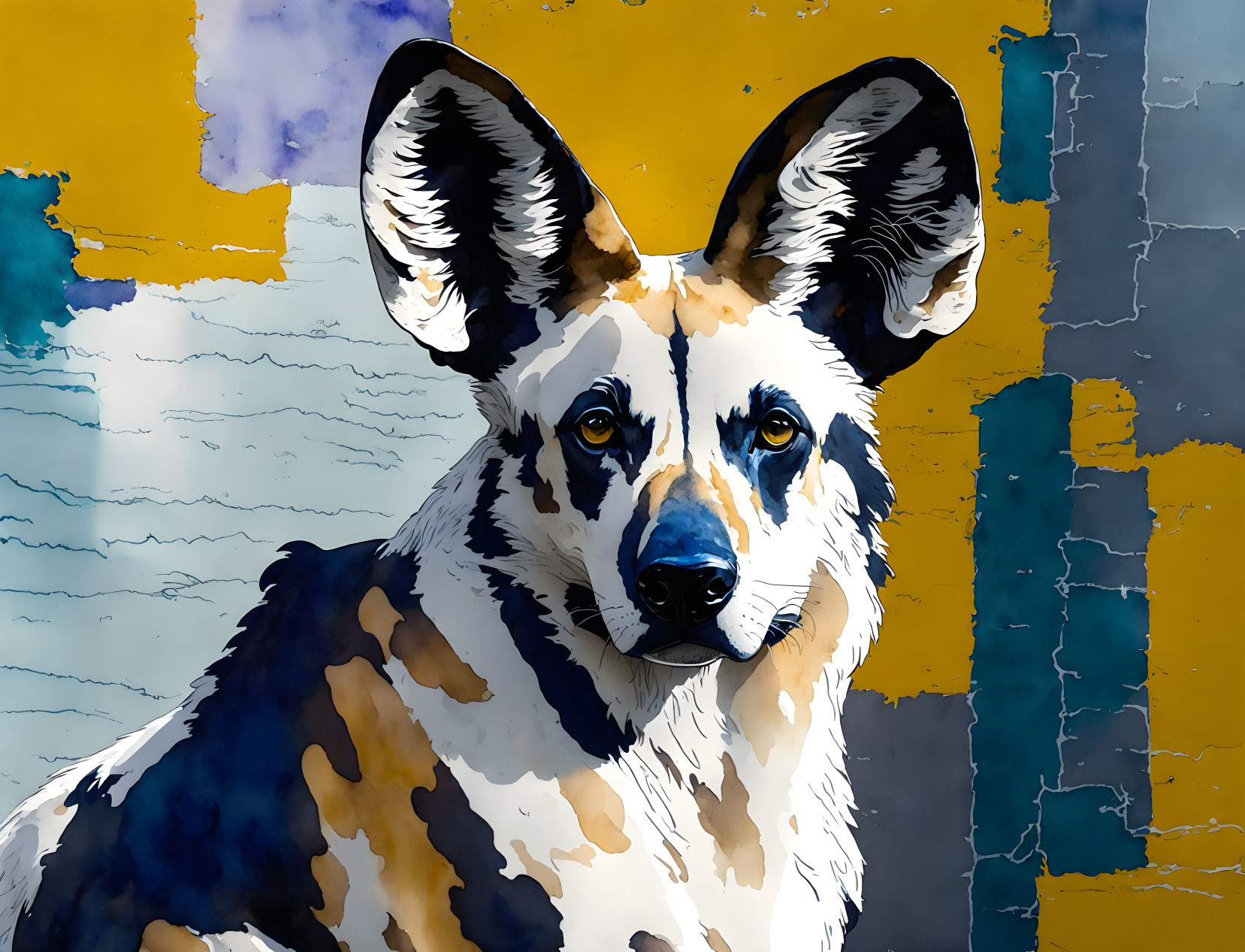 Vibrant dog portrait on yellow and blue patchwork background