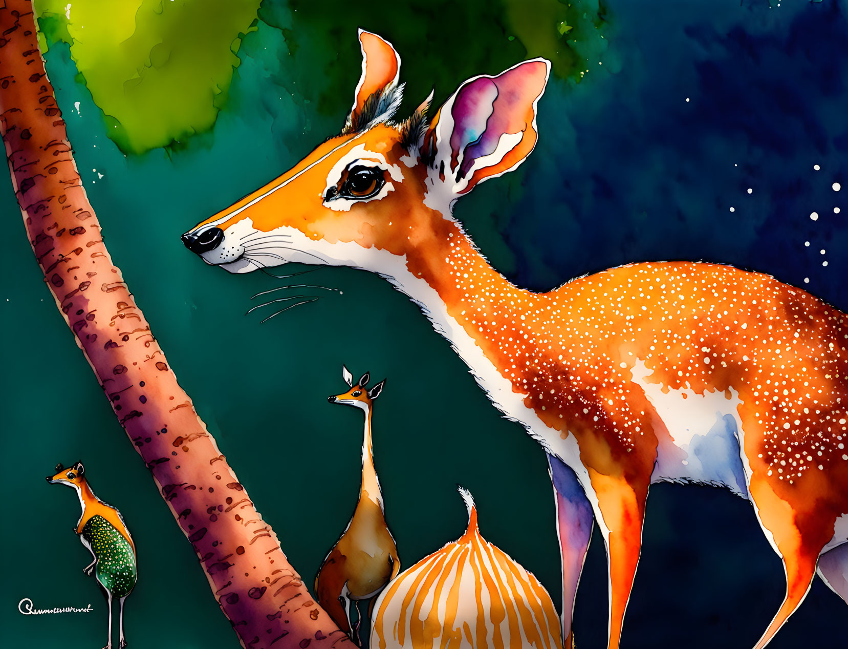 Colorful Deer in Jungle Scene with Whimsical Creatures