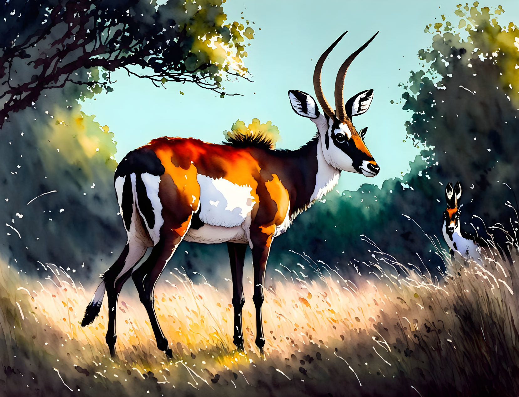 Illustration of antelopes in sunlit field