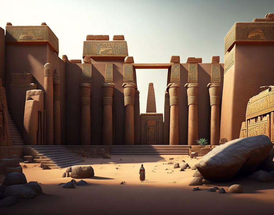 Ancient Egyptian cityscape with sandstone structures and obelisk.