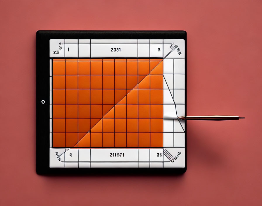 Electronic tablet displaying sharp rising orange trend line on red background with pencil.