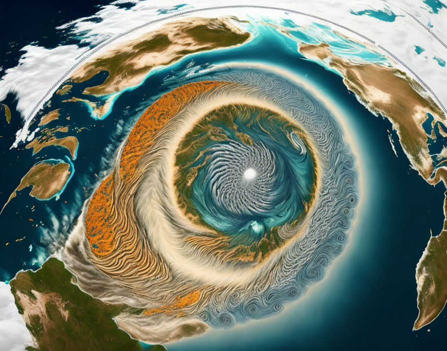 Swirling Typhoon with Distinctive Cloud Bands Over Ocean