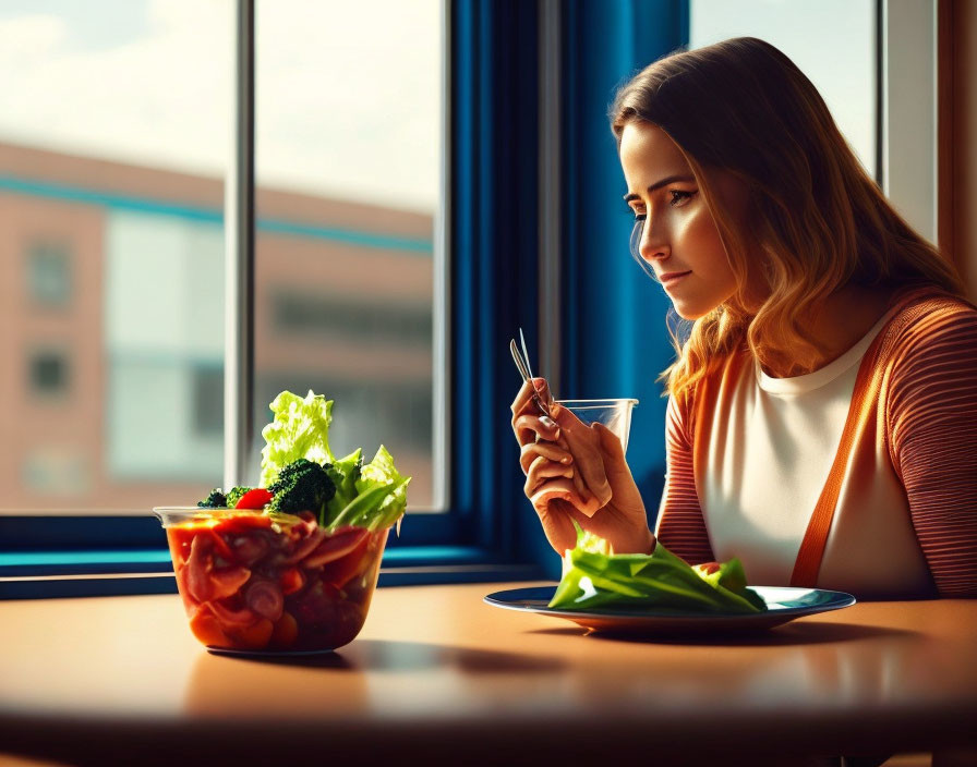 Woman Sitting at Table with Salad Bowl and Fork by Window