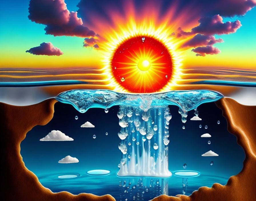 Surreal melting ice eye landscape with clouds iris, droplets, sunset, blue waters