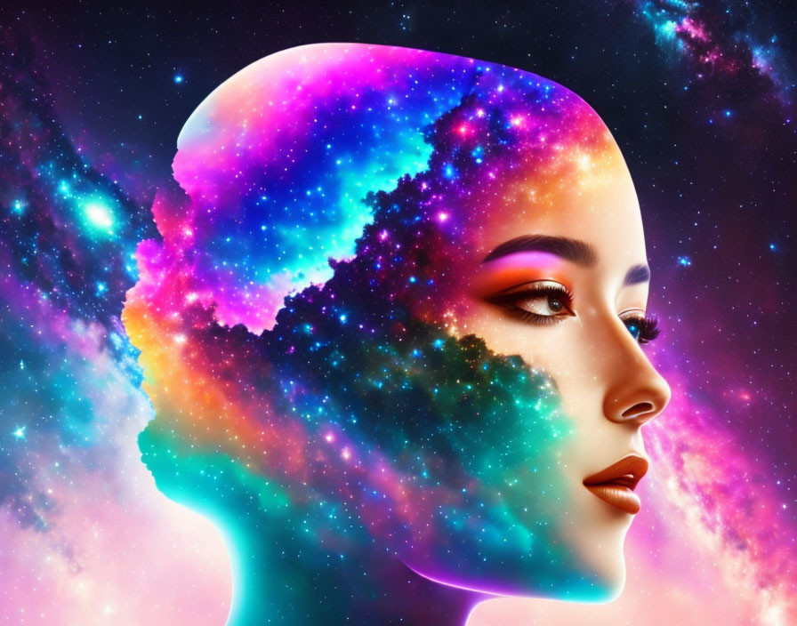 Digital artwork: Woman's profile blending into vibrant galaxy nebula