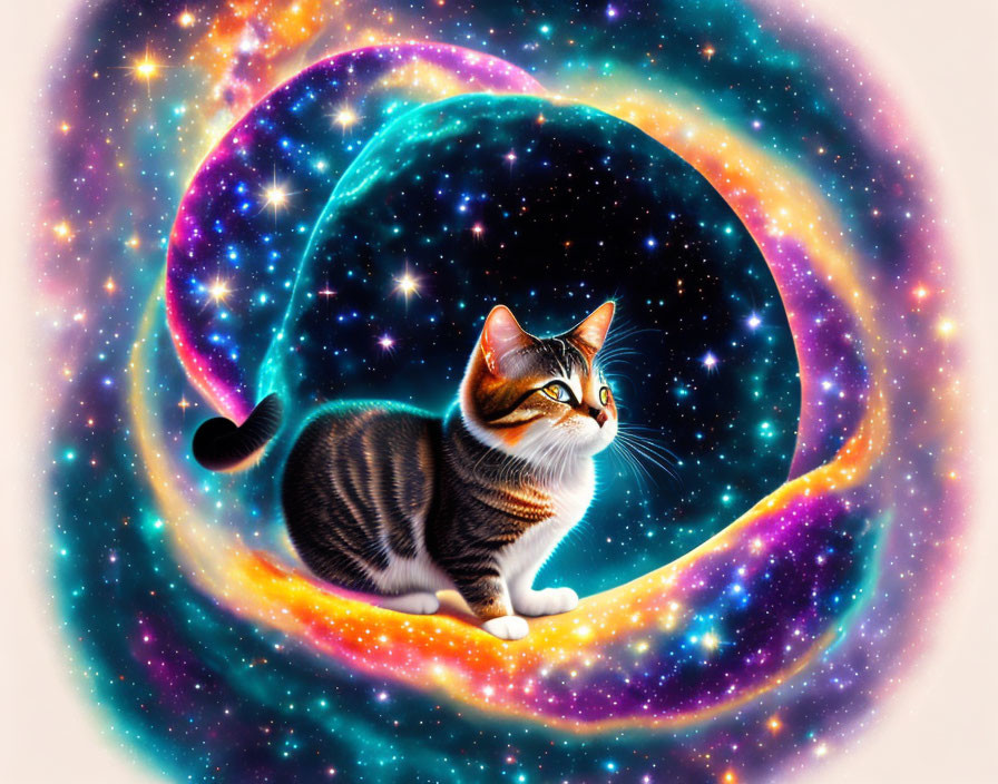 Tabby Cat in Contemplative Pose Against Cosmic Background