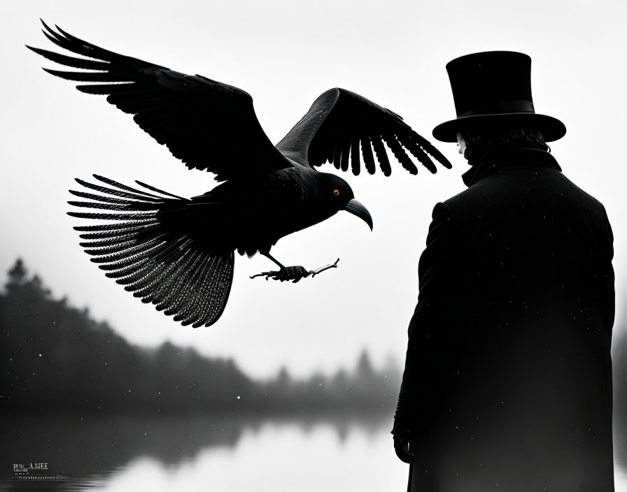 Silhouette of person in top hat with flying raven in nature scene